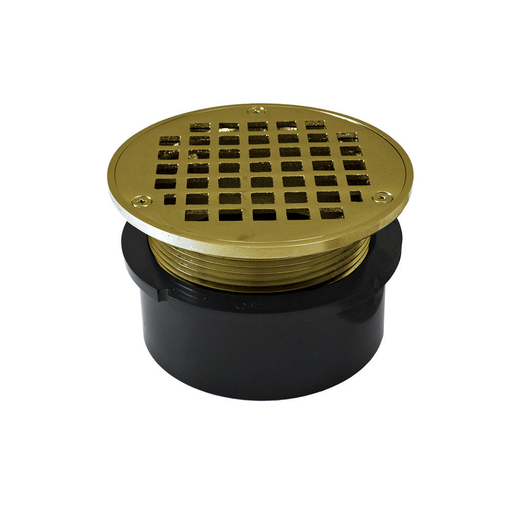 4" ABS Hub Fit Drain Base with 3-1/2" Metal Spud and 6" Polished Brass Strainer