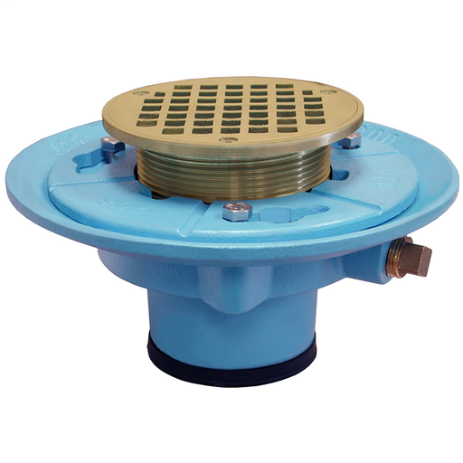 2" Push On Code Blue Floor Drain 9" Pan and 6" Polished Brass Round Strainer- Height 4-7/8" - 5-3/4"
