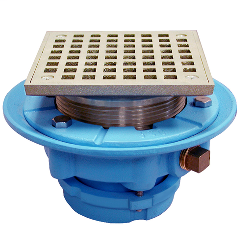 2" No Caulk Mechanical Joint Code Blue Floor Drain with 7" Pan and 5" Nickel Bronze Square Strainer - Height 4-1/4" - 5-1/4"