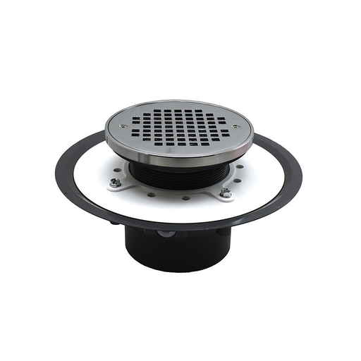 4" Heavy Duty PVC Drain Base with 4" Plastic Spud and 6" Chrome Plated Strainer with Ring