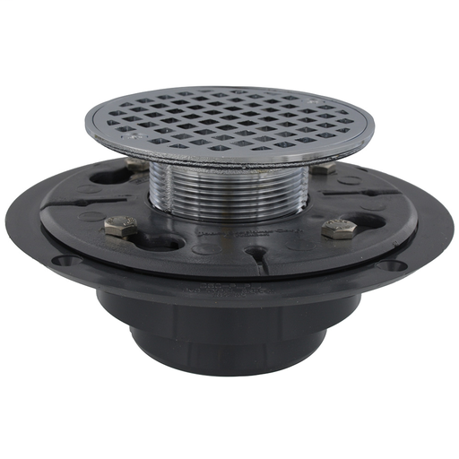 2" x 3" PVC Perfect Low Profile Shower Drain/Floor Drain with 2" Brass Spud and 4-1/4" Chrome Plated Round Strainer