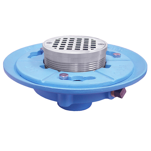 3" IPS Code Blue Floor Drain with 9" Pan and 5" Chrome Plated Round Strainer - Height 3-1/2" - 5-1/8"