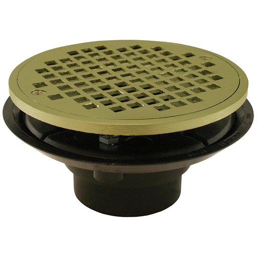 2" x 3" ABS Shower Drain/Floor Drain with Brass Tailpiece and 6" Polished Brass Round Strainer