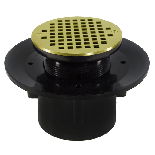4" Heavy Duty ABS Slab Drain Base with 3-1/2" Plastic Spud and 6" Polished Brass Strainer