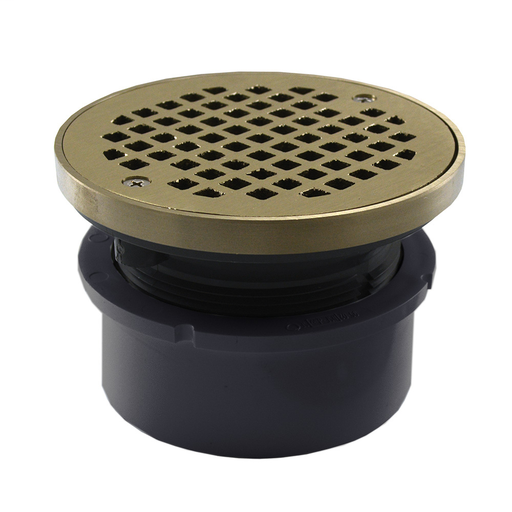 4" PVC Hub Fit Drain Base with 3-1/2" Plastic Spud and 5" Nickel Bronze Strainer with Ring