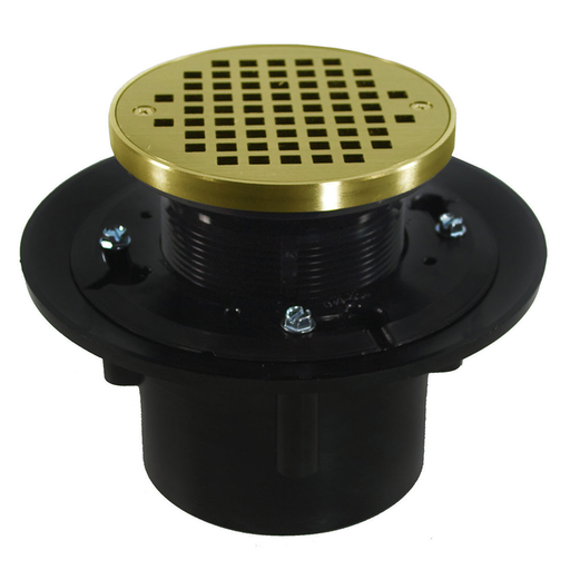 3" x 4" Heavy Duty ABS Drain Base with 3" Plastic Spud and 6" Polished Brass Strainer with Ring