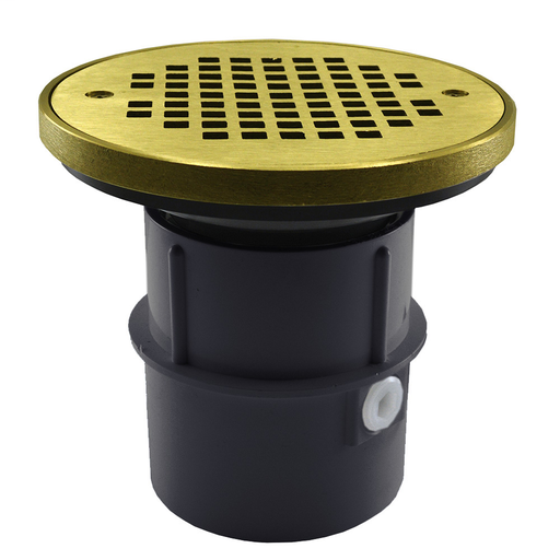 3" PVC Over Pipe Fit Drain Base with 3" Plastic Spud and 6" Polished Brass Strainer with Ring
