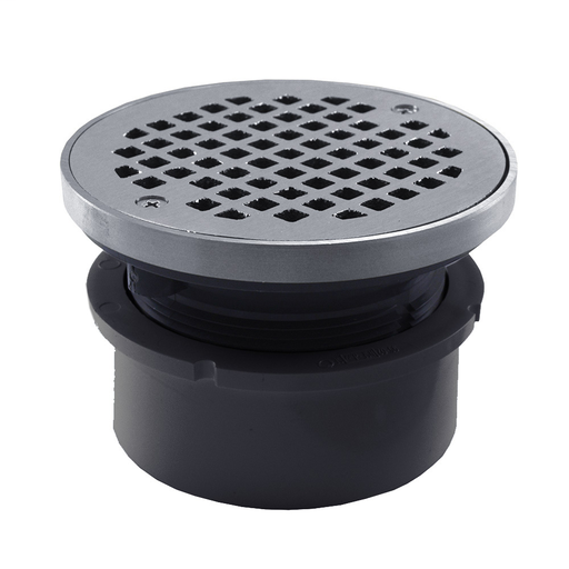 4" PVC Hub Fit Drain Base with 3-1/2" Plastic Spud and 5" Chrome Plated Strainer with Ring
