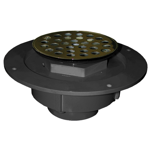 2" PVC Shower Drain/Floor Drain with Brass Tailpiece and 6" Polished Brass Round Strainer