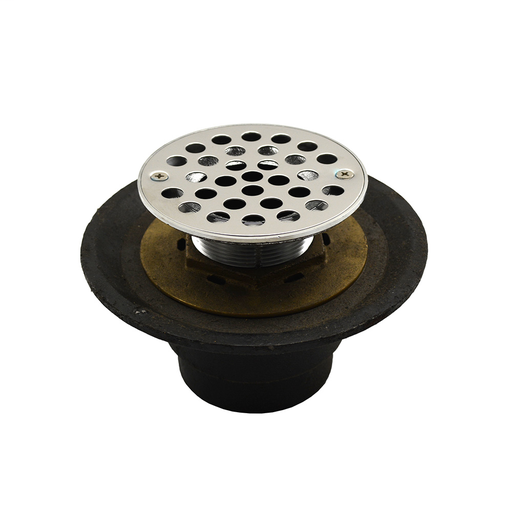 2" Inside Caulk Shower Drain with Brass Threaded Clamping Ring with Brass Spud, 6-1/2" Pan and 4" Stainless Steel Round Strainer