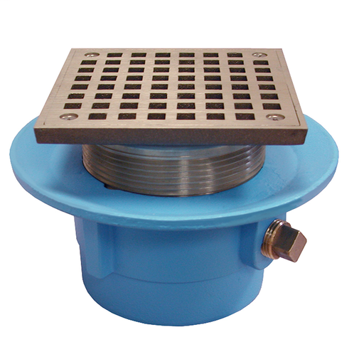 2" No Hub Code Blue Slab Drain with 7" Pan and 5" Polished Brass Square Strainer - Height 3-3/4" - 5-1/8"