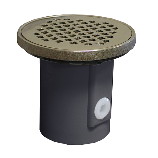 3" PVC Inside Pipe Fit Drain Base with 2" Plastic Spud and 4" Nickel Bronze Strainer and 1/2" Primer Tap