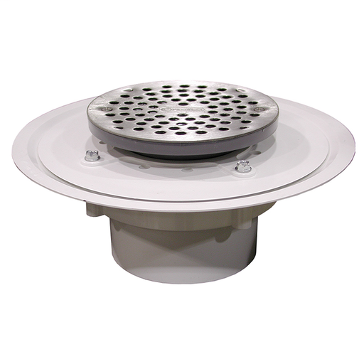 4" Heavy Duty PVC Drain Base with 3-1/2" Plastic Spud and 6" Stainless Steel Strainer