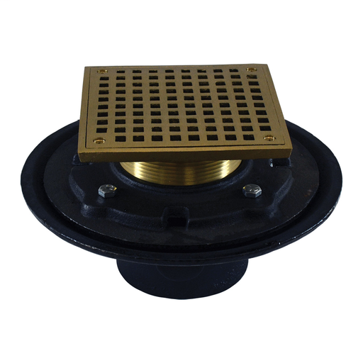 4" Heavy Duty No Hub Floor Drain/Shower Drain with 10" Pan and 6" Polished Brass Square Strainer - Height 4-3/4" - 6-3/4"