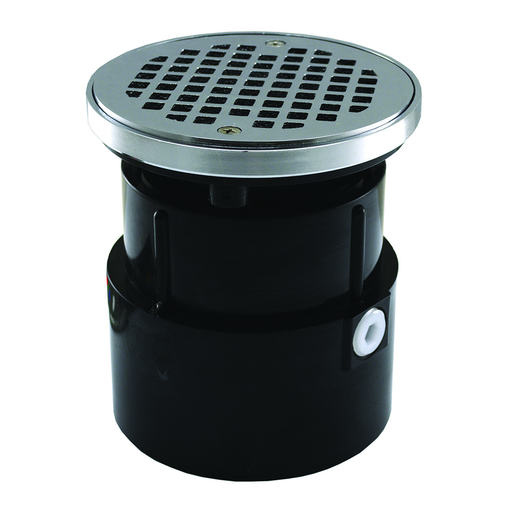 4" ABS Over Pipe Fit Drain Base with 3-1/2" Plastic Spud and 5" Chrome Plated Strainer with Ring