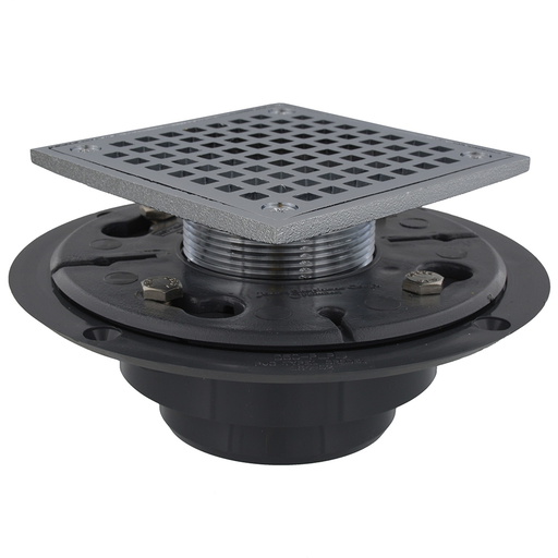 2" x 3" PVC Perfect Low Profile Shower Drain/Floor Drain with Brass Spud and 4" Chrome Plated Square Strainer