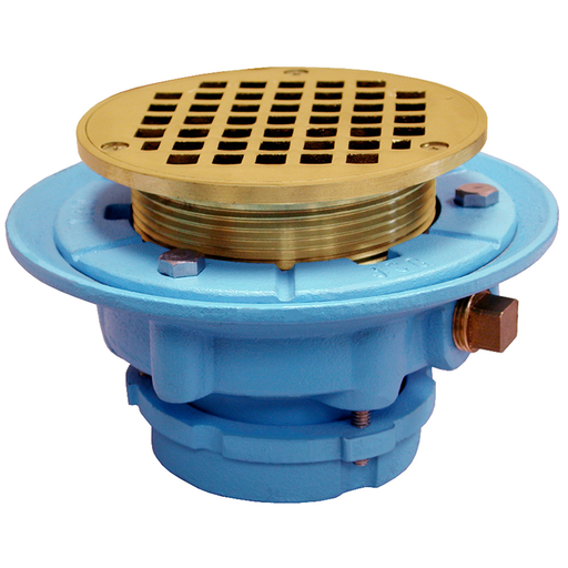 4" No Caulk Mechanical Joint Code Blue Floor Drain with 9" Pan and 6" Polished Brass Round Strainer - Height 3-5/8" - 5-5/8"