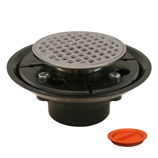 2" x 3" ABS Shower Drain/Floor Drain with Brass Tailpiece and 4" Chrome Plated Round Strainer with Test Plug
