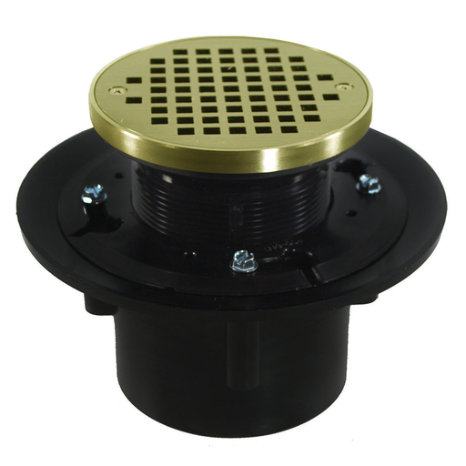 2" x 3" Heavy Duty ABS Slab Drain Base with 3-1/2" Plastic Spud and 6" Polished Brass Strainer with Ring