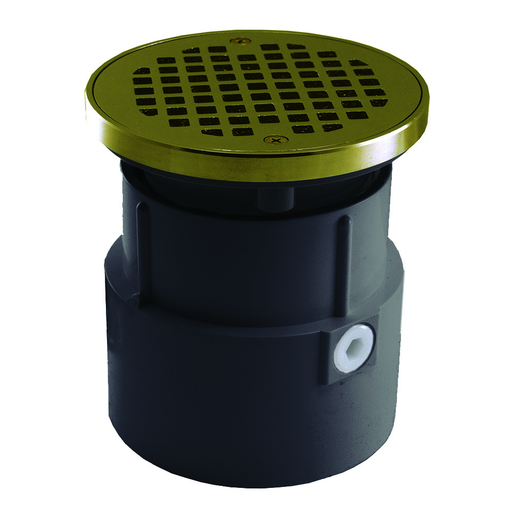 4" PVC Over Pipe Fit Drain Base with 3-1/2" Plastic Spud and 5" Polished Brass Strainer with Ring