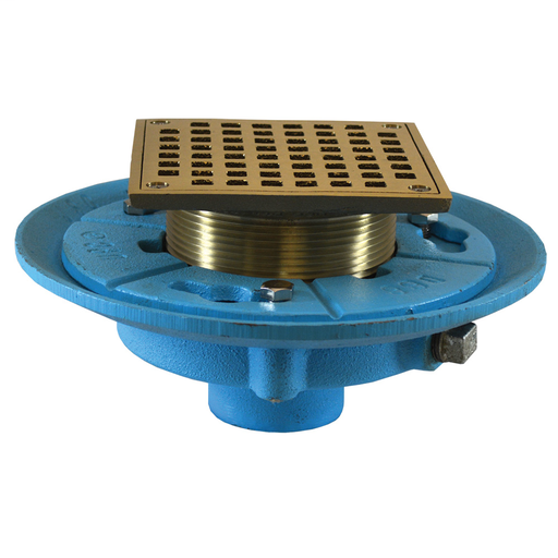 2" No Hub Code Blue Floor Drain with 9" Pan and 5" Nickel Bronze Square Strainer - Height 3-7/8" - 5-7/8"
