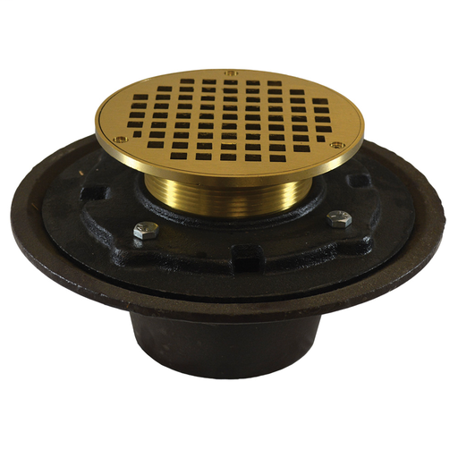 3" Heavy Duty Inside Caulk Floor Drain/Shower Drain with 10" Pan and 6" Polished Brass Round Strainer - Height 4-3/4" - 6-3/4"