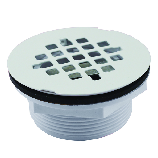 2" No Caulk Shower Stall Drain with Plastic Body and White Epoxy Coated Stainless Steel Strainer