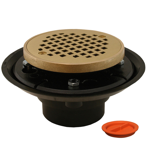 2" x 3" ABS Shower Drain/Floor Drain with 4" Polished Brass Cast Round Strainer with Ring with Test Plug