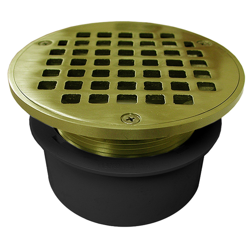 4" PVC Inside Pipe Fit Drain Base with 3" Metal Spud and 5" Polished Brass Strainer