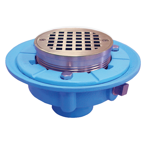 4" No Hub Code Blue Floor Drain with 9" Pan and 4" Polished Brass Strainer - Height 3-3/8" - 4-5/8"