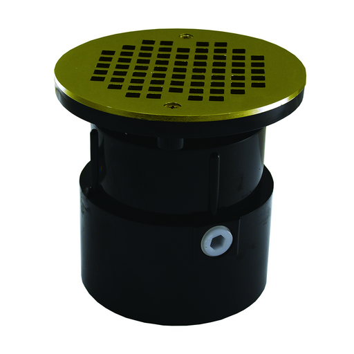 4" ABS Over Pipe Fit Drain Base with 3-1/2" Plastic Spud and 6" Polished Brass Strainer