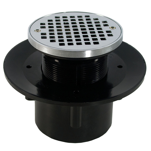 3" x 4" Heavy Duty ABS Slab Drain Base with 3" Plastic Spud and 6" Chrome Plated Strainer with Ring