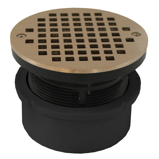4" PVC Hub Fit Drain Base with 3-1/2" Plastic Spud and 5" Nickel Bronze Strainer