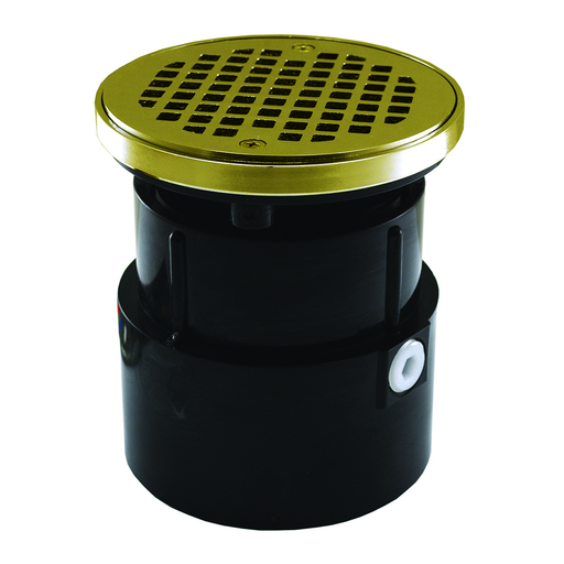 4" ABS Over Pipe Fit Drain Base with 3-1/2" Plastic Spud and 5" Polished Brass Strainer with Ring