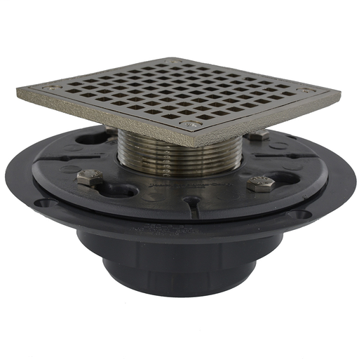 2" x 3" PVC Perfect Low Profile Shower Drain/Floor Drain with Brass Spud and 4" Brushed Nickel Square Strainer
