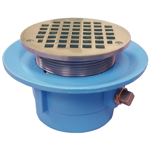 4" No Hub Code Blue Slab Drain with 7" Pan and 5" Polished Brass Round Strainer - Height 4" - 5-3/8"
