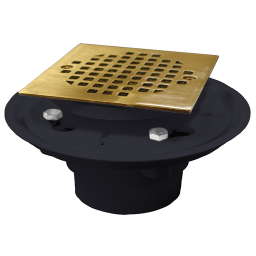 2" x 3" PVC Shower Drain/Floor Drain with Brass Tailpiece and 4" Polished Brass Square Strainer