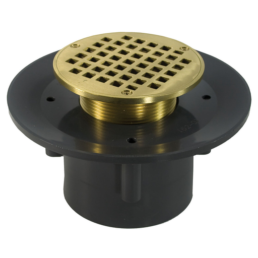 3" x 4" Heavy Duty PVC Slab Drain Base with 3-1/2" Metal Spud and 8" Polished Brass Strainer