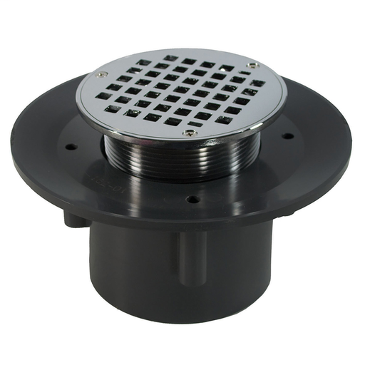 3" x 4" Heavy Duty PVC Slab Drain Base with 3-1/2" Metal Spud and 5" Chrome Plated Strainer