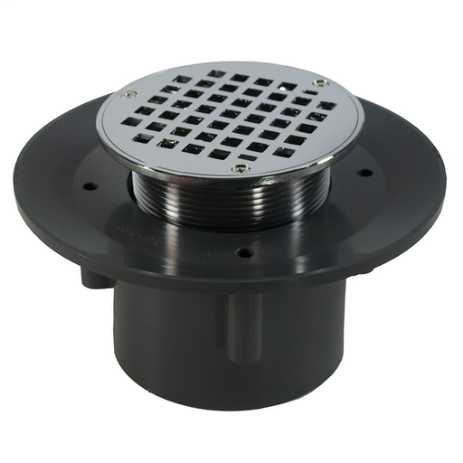 2" x 3" Heavy Duty PVC Slab Drain Base with 3-1/2" Metal Spud and 6" Chrome Plated Strainer