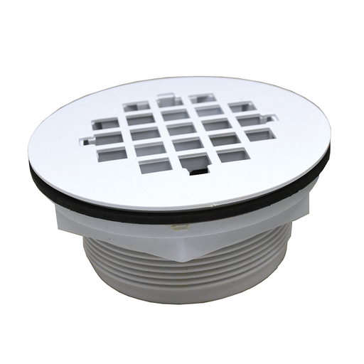 2" No Caulk Shower Stall Drain with Plastic Body and White Plastic Strainer