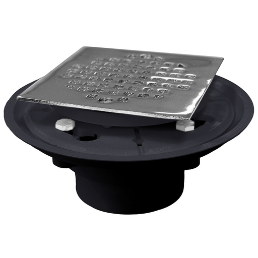 2" x 3" PVC Shower Drain/Floor Drain with Brass Tailpiece and 4" Chrome Plated Square Strainer