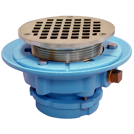 3" No Caulk Mechanical Joint Code Blue Floor Drain with 7" Pan and 4" Nickel Bronze Round Strainer - Height 4" - 4-13/16"