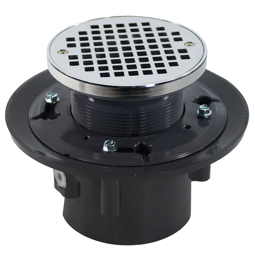 3" x 4" Heavy Duty PVC Drain Base with 3" Plastic Spud and 6" Chrome Plated Strainer with Ring
