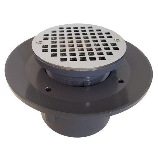 3" x 4" Heavy Duty PVC Slab Drain Base with 3-1/2" Plastic Spud and 6" Chrome Plated Strainer