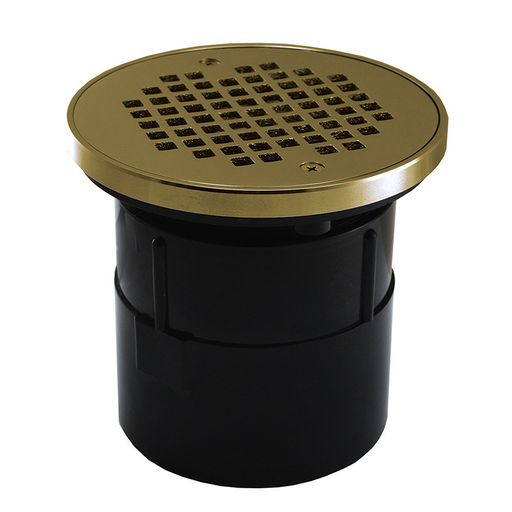 2" ABS Over Pipe Fit Drain Base with 2" Plastic Spud and 4" Polished Brass Strainer with Ring