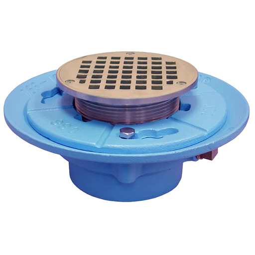 3" No Hub Code Blue Floor Drain with 7" Pan and 4" Nickel Bronze Round Strainer- Height 3-3/4" - 4-7/16"