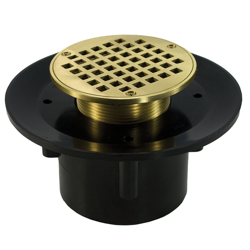 2" x 3" Heavy Duty ABS Slab Drain Base with 3-1/2" Metal Spud and 5" Polished Brass Strainer