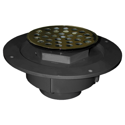 2" PVC Shower Drain/Floor Drain with Brass Tailpiece and 4" Polished Brass Round Strainer