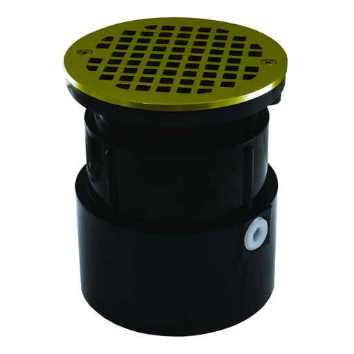 4" ABS Over Pipe Fit Drain Base with 3-1/2" Plastic Spud and 5" Polished Brass Strainer
